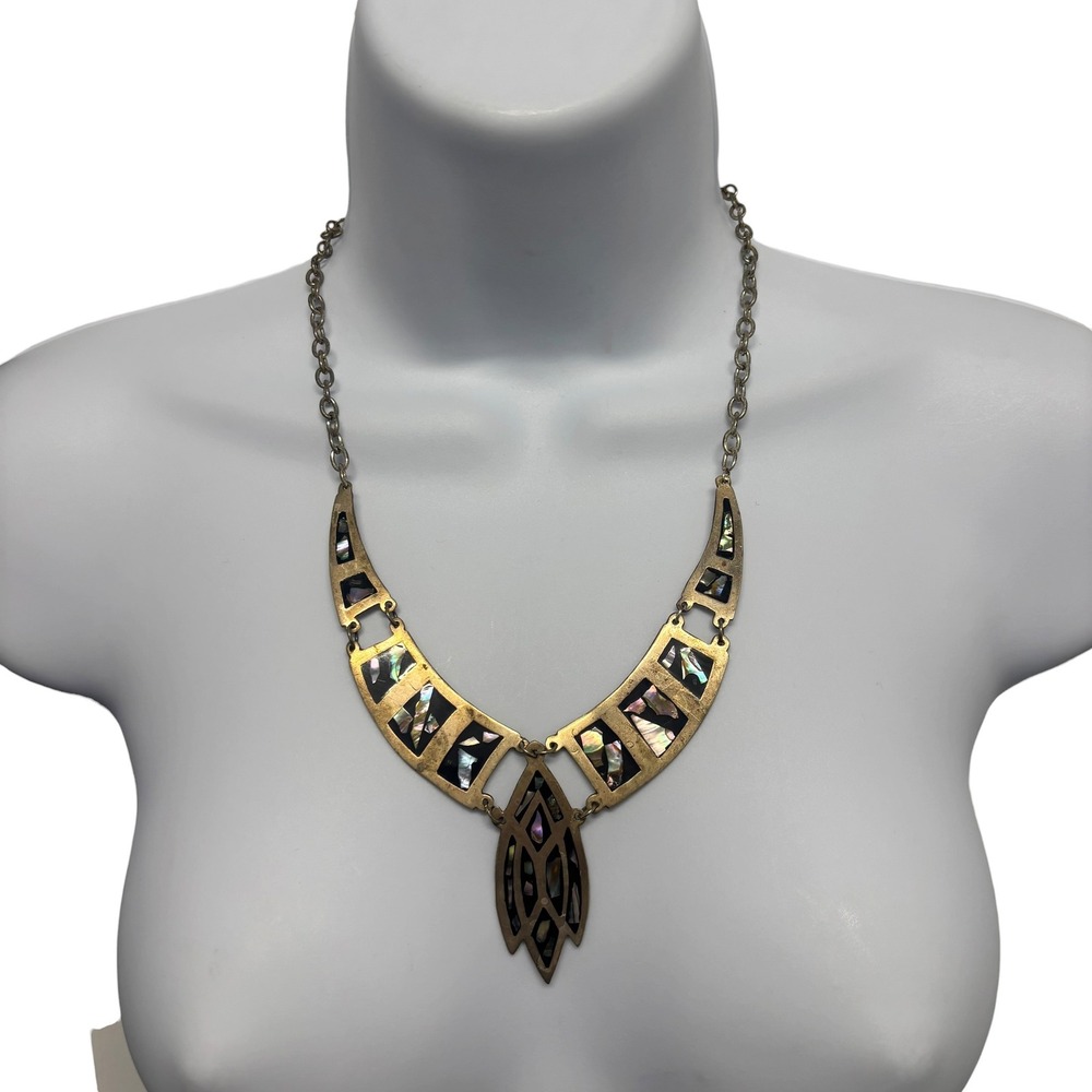 Vtg Alpaca Mexico Abalone Shell Inlay Bib Collar Statement Necklace Gold Tone